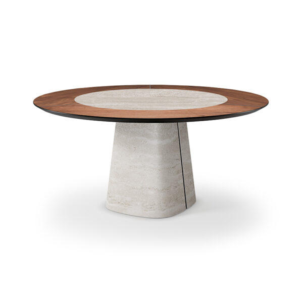 “RADO Ker-Wood Round by Cattelan Italia – round dining table with wood and ceramic top fusion and sculptural modern base”