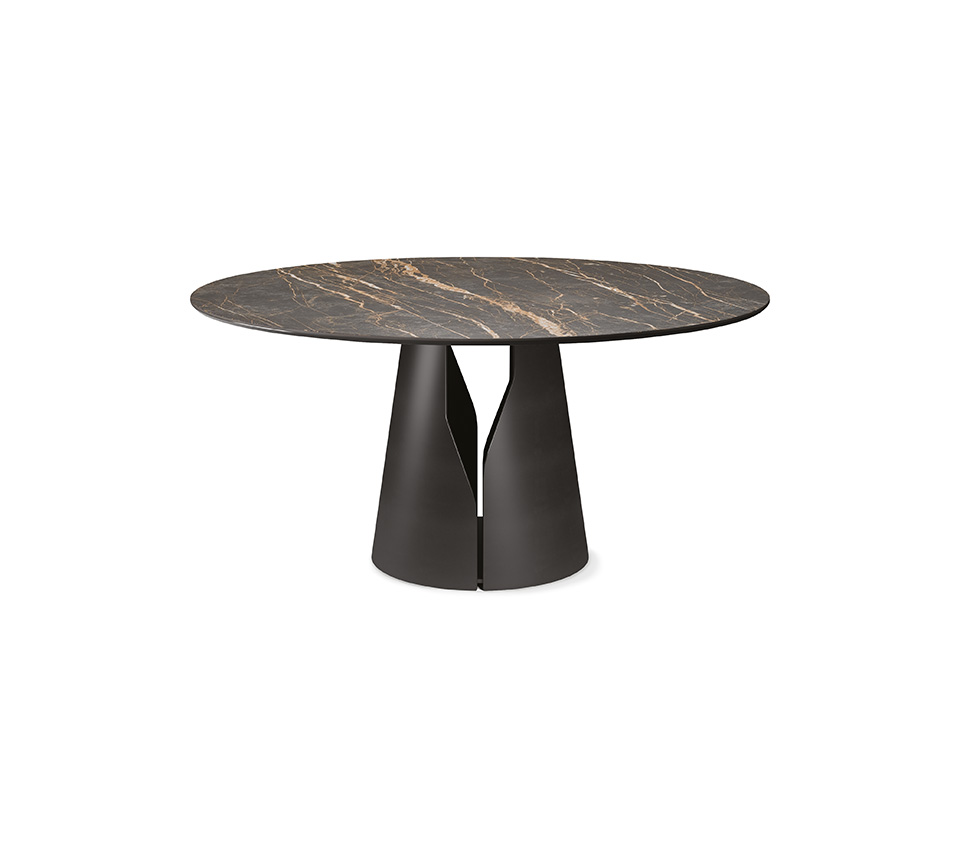 “GIANO Keramik by Cattelan Italia – round Italian dining table with luxurious ceramic top and sculptural metal pedestal base”