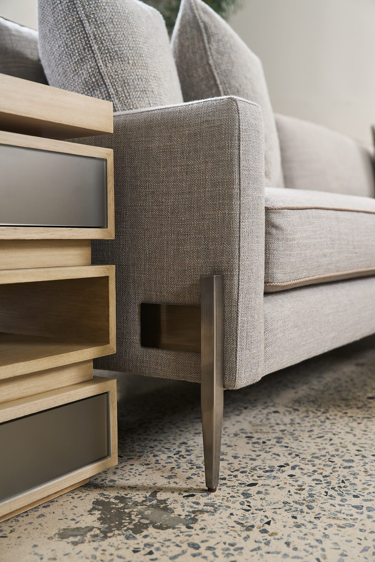 Caracole 110 Remix Sofa, modern large sofa, luxury upholstered sofa, Smoked Stainless legs sofa, grey wool blend sofa, contemporary living room furniture.