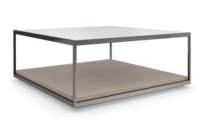 Cartesian by Caracole — a geometric-inspired cocktail table with a glass top and intersecting metal base.
