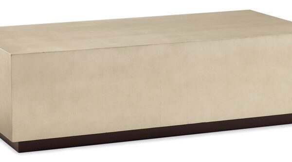 "Caracole Cocktail Couture table featuring a sleek rectangular design with a Taupe Silver Leaf finish and an Almost Black base for a refined modern look."
