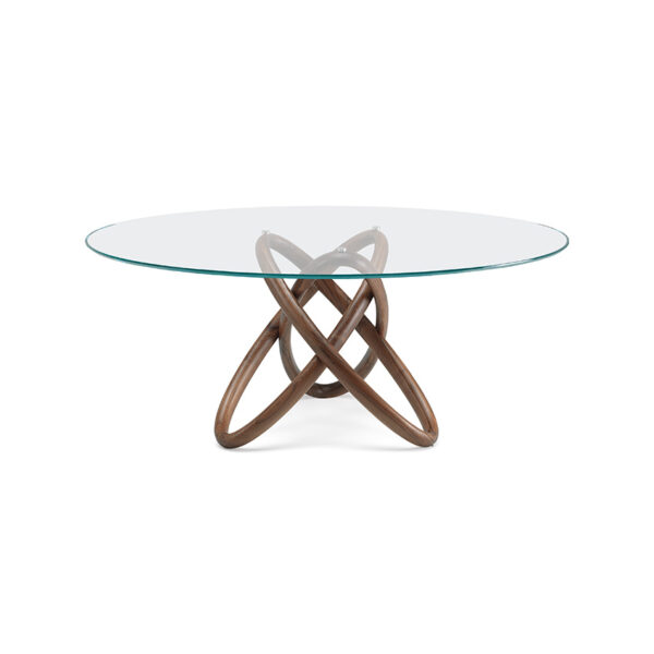 “CARIOCA by Cattelan Italia – round Italian dining table with transparent glass top and sculptural wooden base”