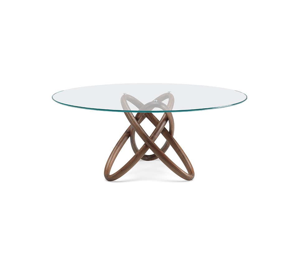 “CARIOCA by Cattelan Italia – round Italian dining table with transparent glass top and sculptural wooden base”