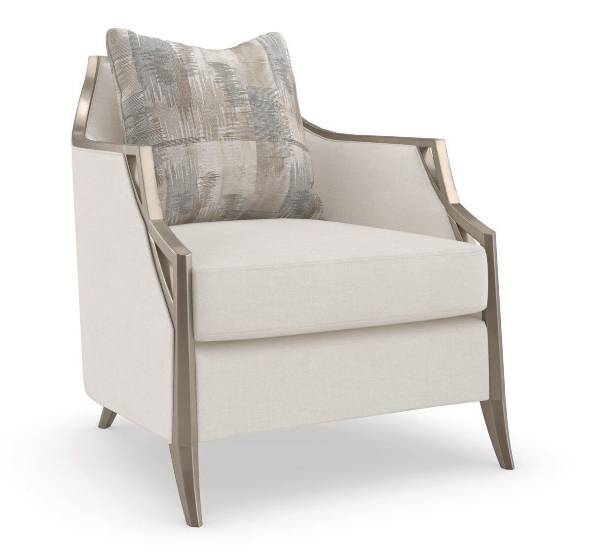 The Caracole X Factor Sofa, a modern classic upholstered in a herringbone performance fabric, featuring a wood-trimmed silhouette with a carved crisscross pattern, gently sloping arms, splayed legs in a metallic Charcoal Leaf finish, and feather-down toss pillows.