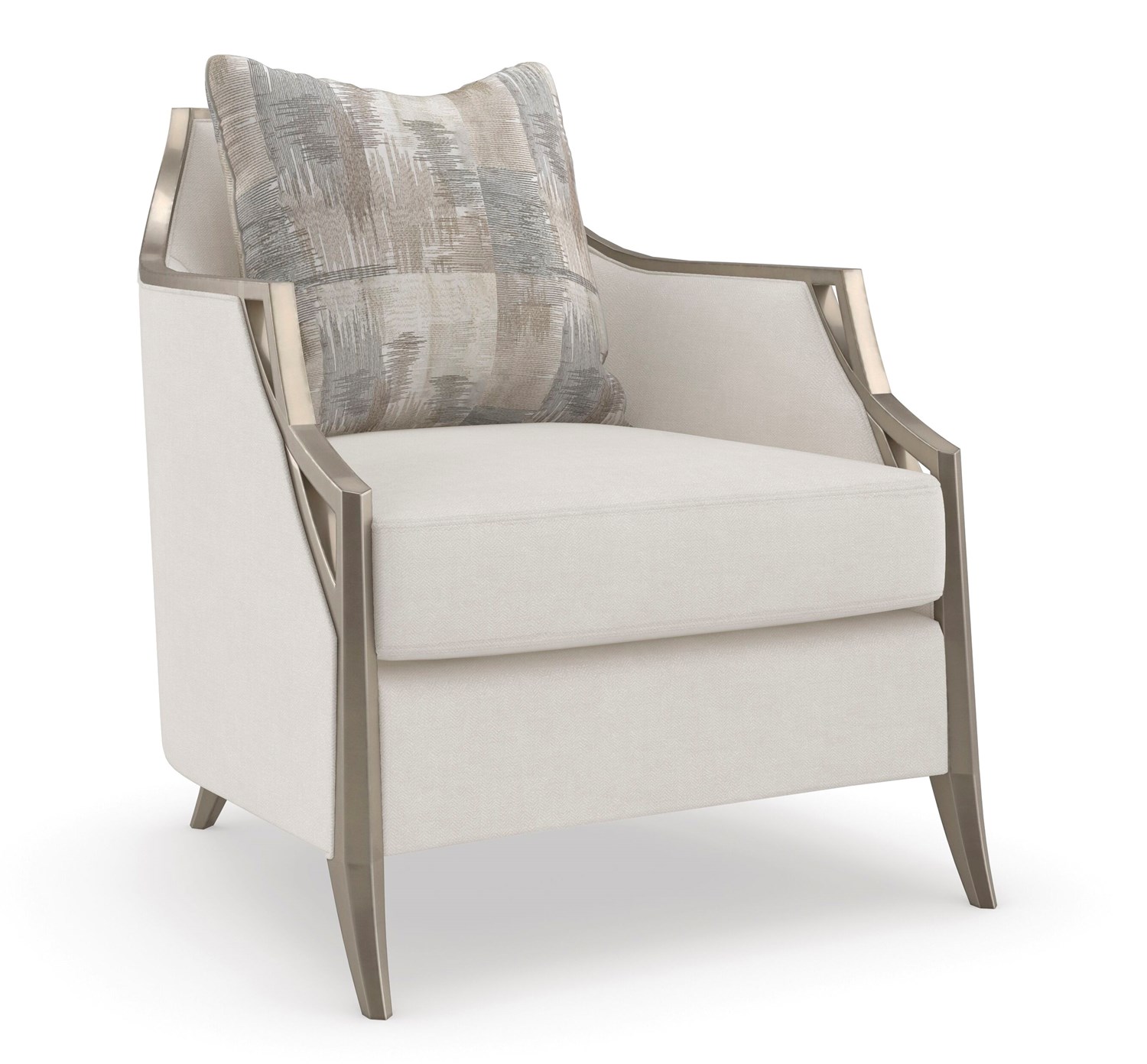 The Caracole X Factor Sofa, a modern classic upholstered in a herringbone performance fabric, featuring a wood-trimmed silhouette with a carved crisscross pattern, gently sloping arms, splayed legs in a metallic Charcoal Leaf finish, and feather-down toss pillows.
