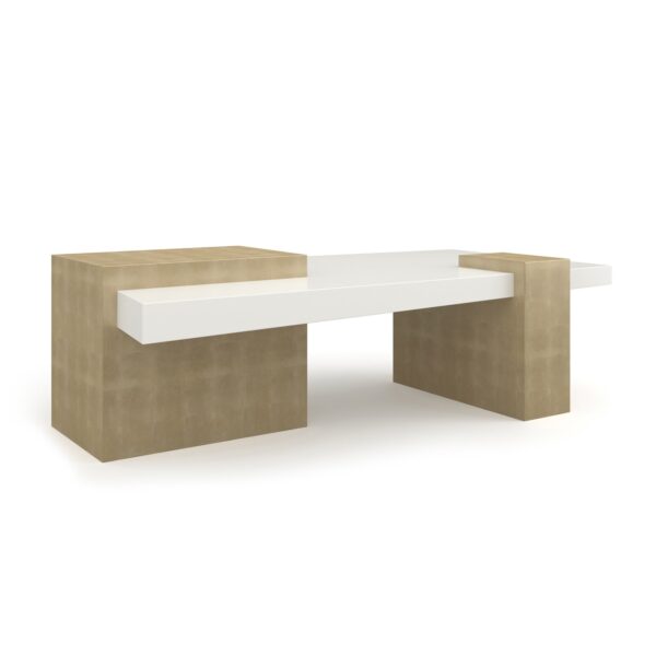 Float Cocktail Table by Caracole — a sleek, modern rectangular table with a floating glass top and minimalist metal base.