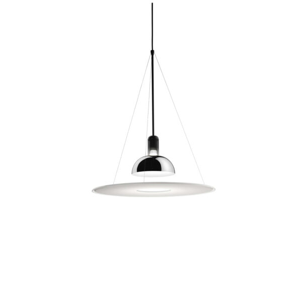 Frisbi by Flos, Frisbi pendant lamp in chrome with opaline acrylic diffuser appearing to float on three fine steel cables beneath a mirrored reflector.