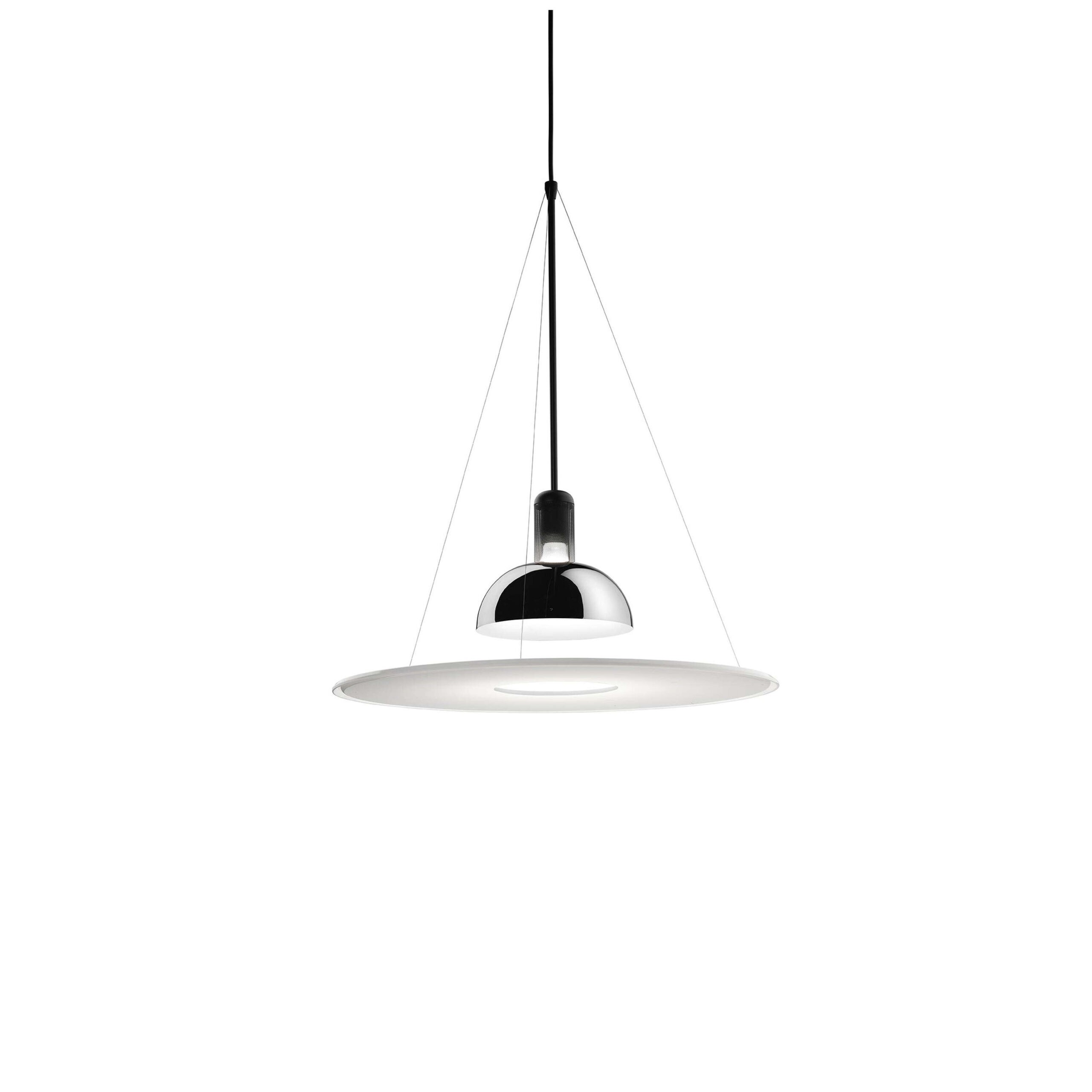 Frisbi by Flos, Frisbi pendant lamp in chrome with opaline acrylic diffuser appearing to float on three fine steel cables beneath a mirrored reflector.