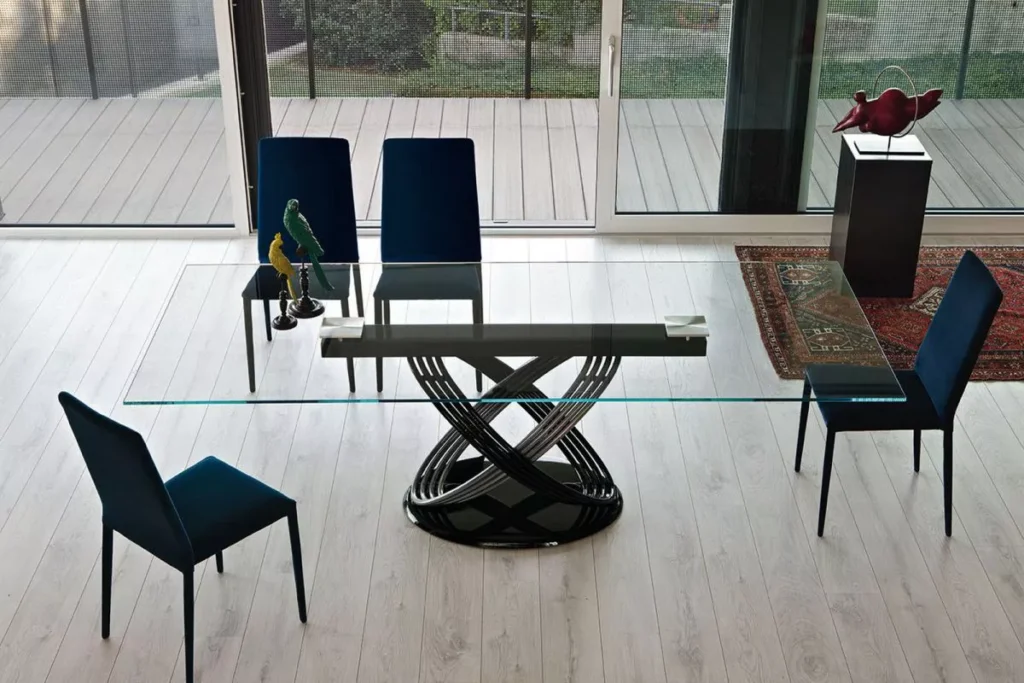 Designer Imperial Round by Bontempi with glossy Arabescato SuperMarble top and glossy black lacquered steel double‑ring legs.