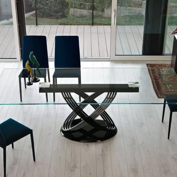 Designer Imperial Round by Bontempi with glossy Arabescato SuperMarble top and glossy black lacquered steel double‑ring legs.
