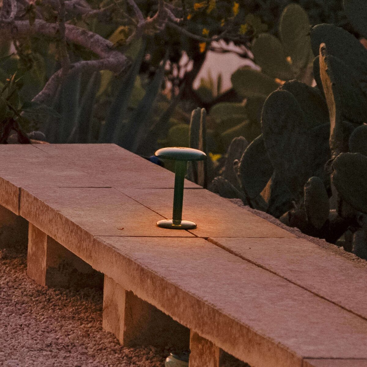 Close-up of the Gustave lamp by Flos, highlighting its flat diffuser and cylindrical aluminum base.