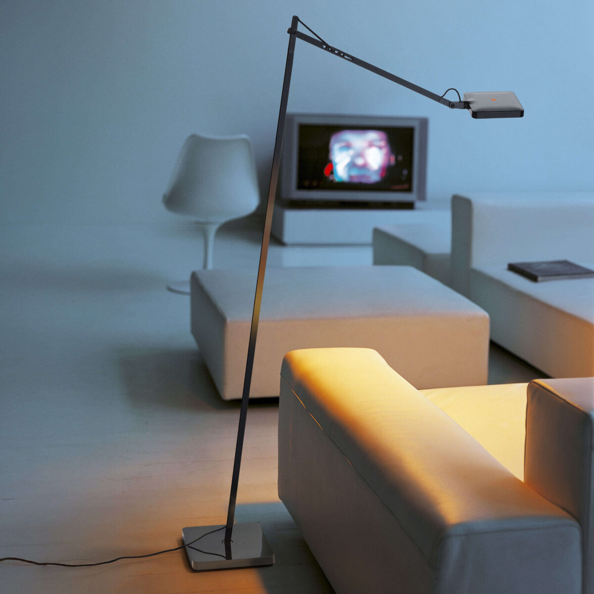 Kelvin LED Floor lamp by Flos side profile highlighting the integrated counterweight and Soft Touch dimmer in a Troy Michigan setting
