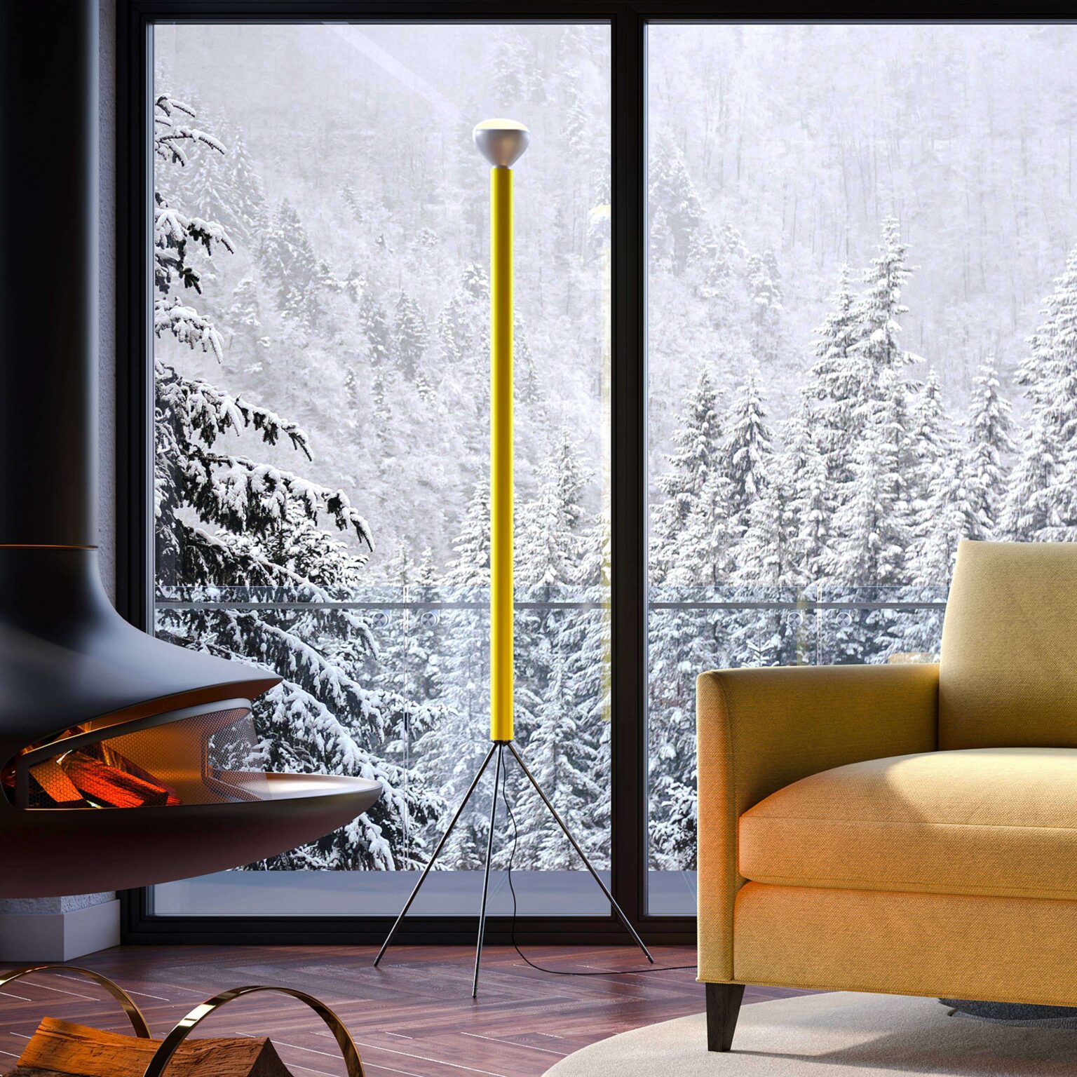 Floor lamp with slim profile, using a reflector bulb to cast soft ambient glow upward, designed by A. & P. G. Castiglioni.
