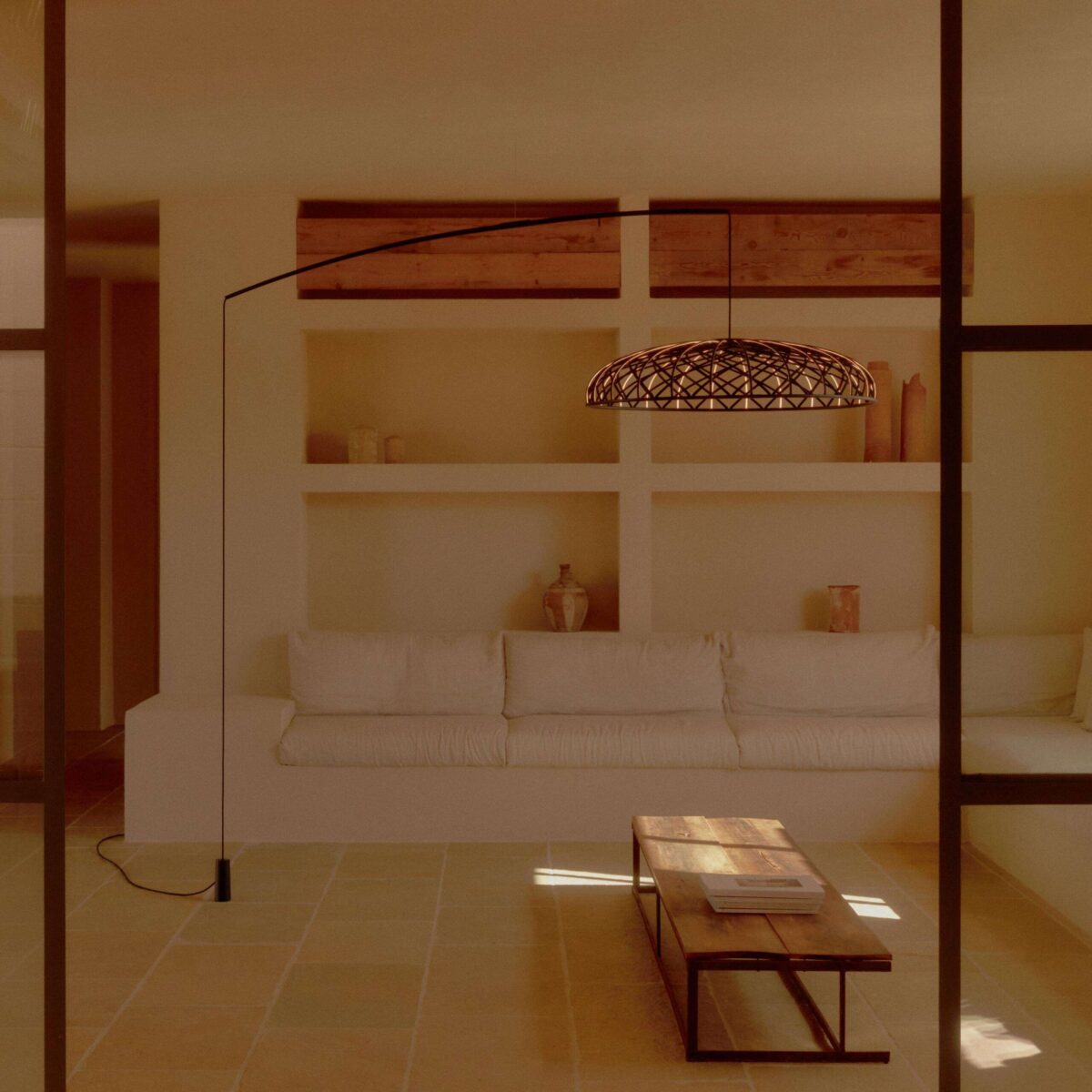 Modern sculptural floor-to-ceiling lamp Skynest Motion with glowing textile dome