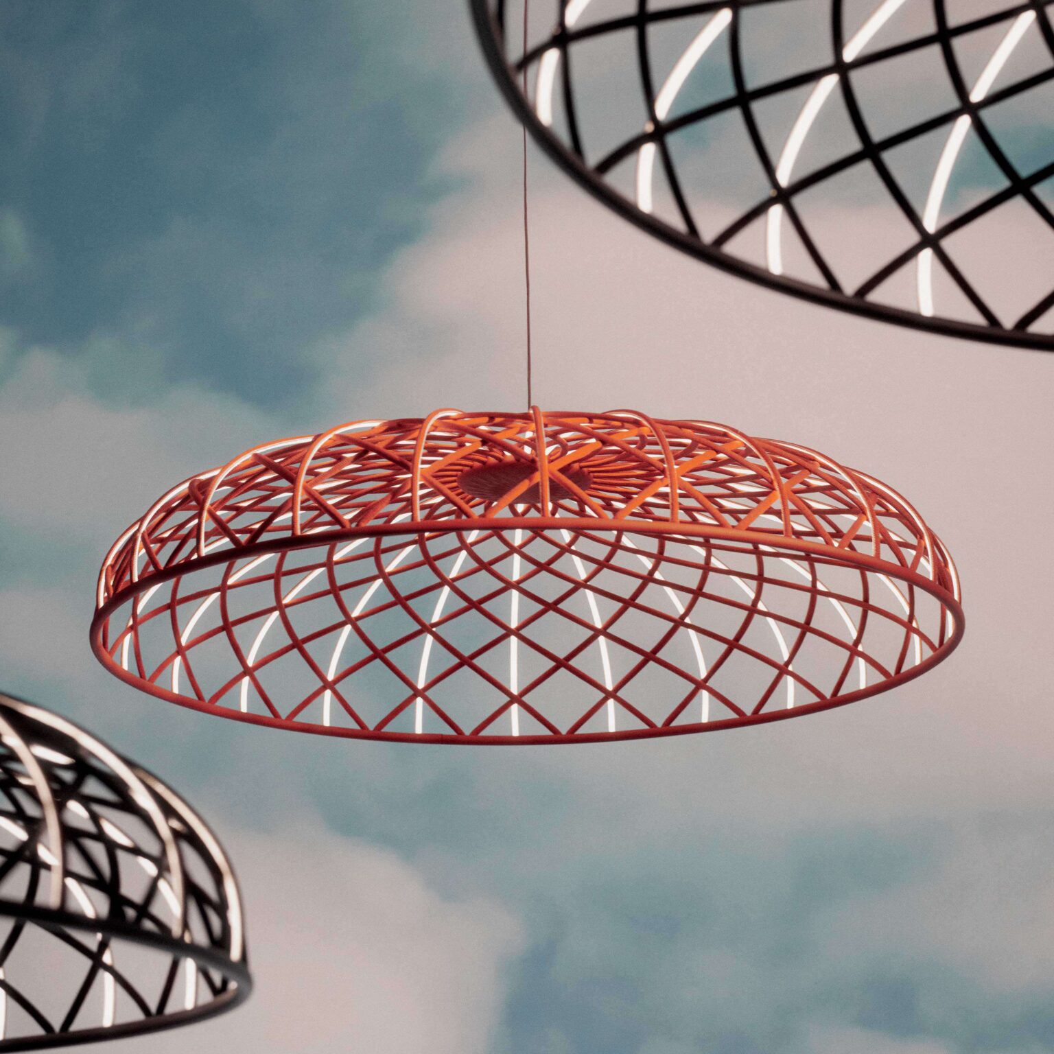 Close-up of Skynest’s fabric-covered LED filament tubes, woven into a semi-transparent nest structure with white inner side.