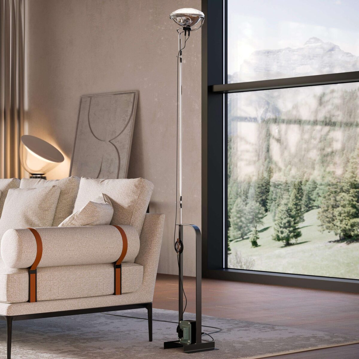Whimsical Toio LED by Castiglioni brothers, featuring fishing‑rod cord rings, cleat cord winder, and red painted steel base.