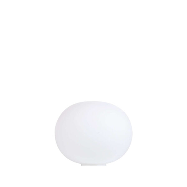 Glo-Ball Basic 1 by Flos, Glo‑Ball Basic 1 Table Lamp by Flos with hand‑blown acid‑etched opaline glass diffuser and painted aluminum support, front view in a Royal Oak Michigan showroom