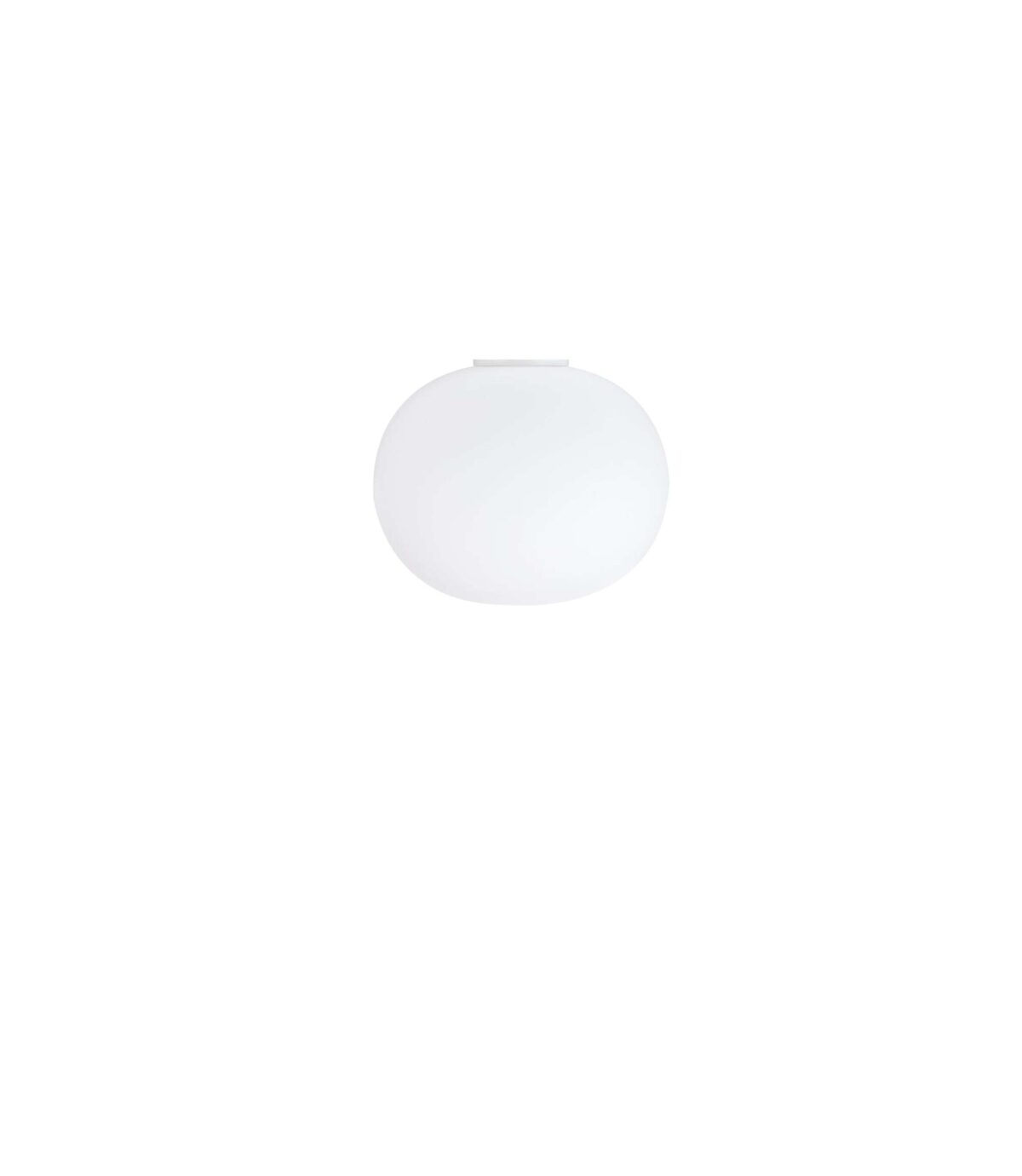 A white, spherical Flos Glo-Ball Ceiling/Wall Zero lamp, with an acid-etched, hand-blown opaline glass diffuser, providing soft, diffused light when mounted on a ceiling or wall.