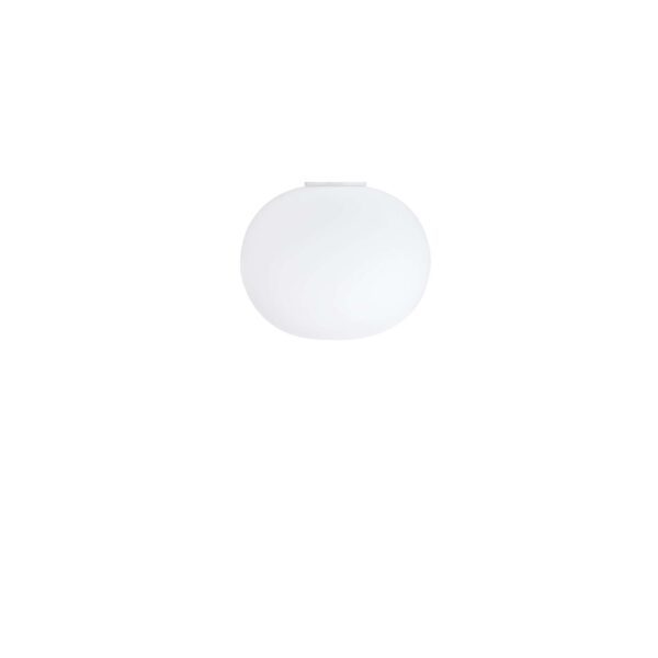 A white, spherical Flos Glo-Ball Ceiling/Wall Zero lamp, with an acid-etched, hand-blown opaline glass diffuser, providing soft, diffused light when mounted on a ceiling or wall.