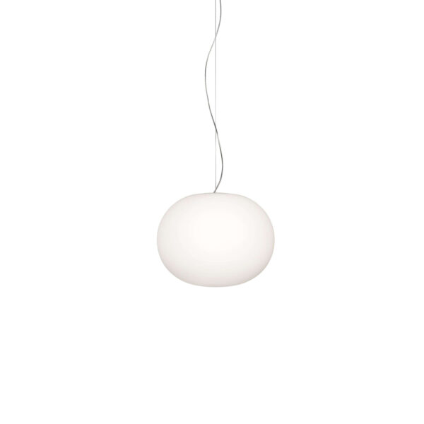 Glo‑Ball Suspension 2 pendant: a hand‑blown opaline glass globe, acid‑etched for a soft moon‑like glow, suspended by a slender transparent cable.