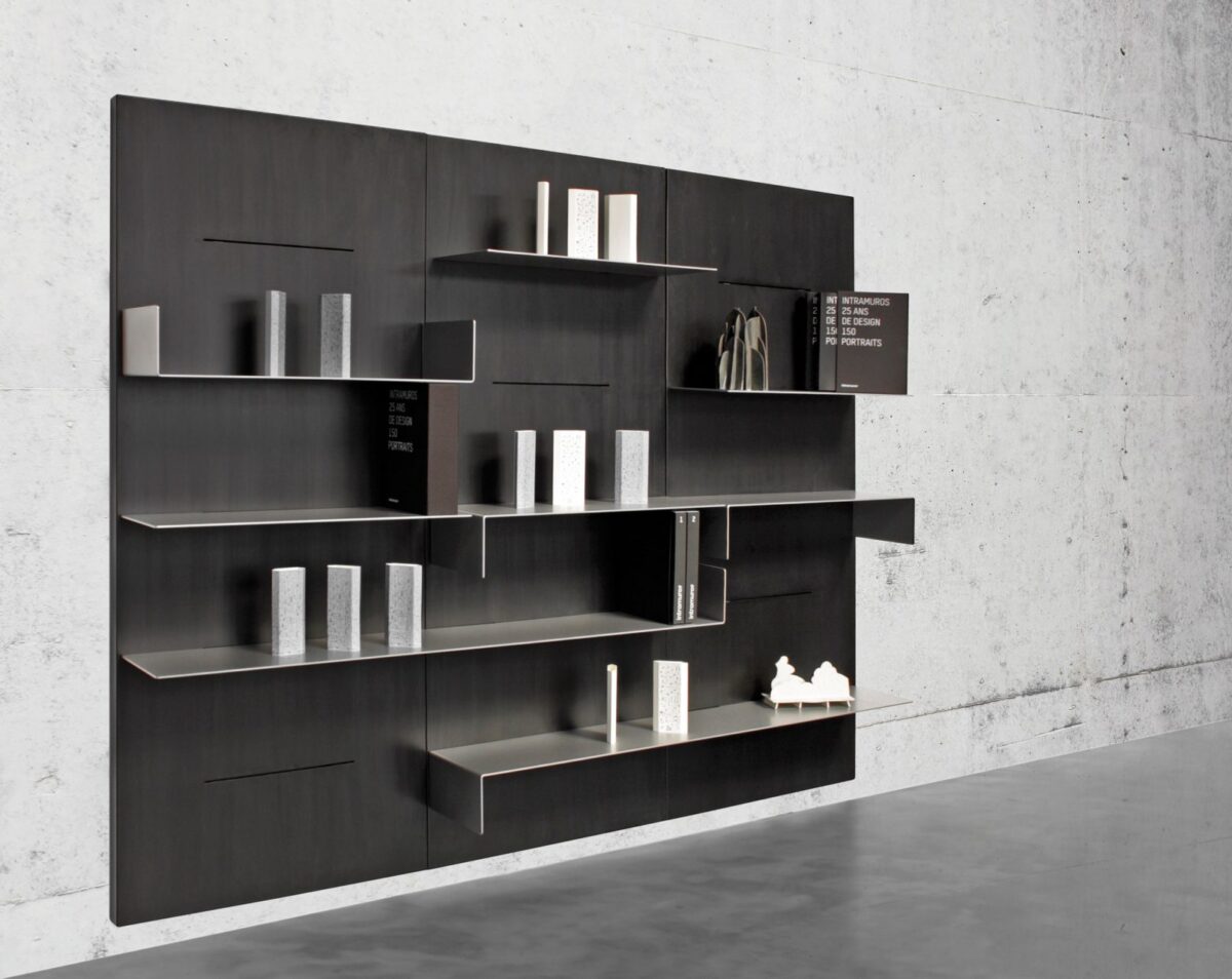 Modular wall-mounted shelving system with sleek steel design by Zeusnoto.