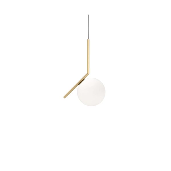 IC Lights S1 by Flos, IC Lights S1 pendant in brushed brass, featuring an opal blown glass globe balanced on an L‑shaped metal arm.