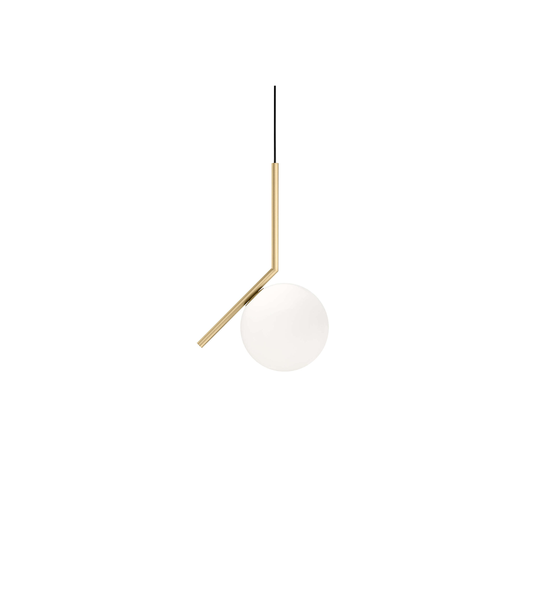 IC Lights S1 by Flos, IC Lights S1 pendant in brushed brass, featuring an opal blown glass globe balanced on an L‑shaped metal arm.