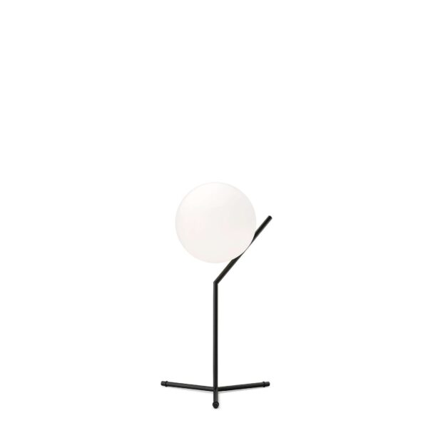 IC Lights T1 High by Flos, IC Lights T1 High Table Lamp by Flos with mouth-blown opaline glass globe balanced on a slender chrome frame, front view in a Royal Oak Michigan showroom