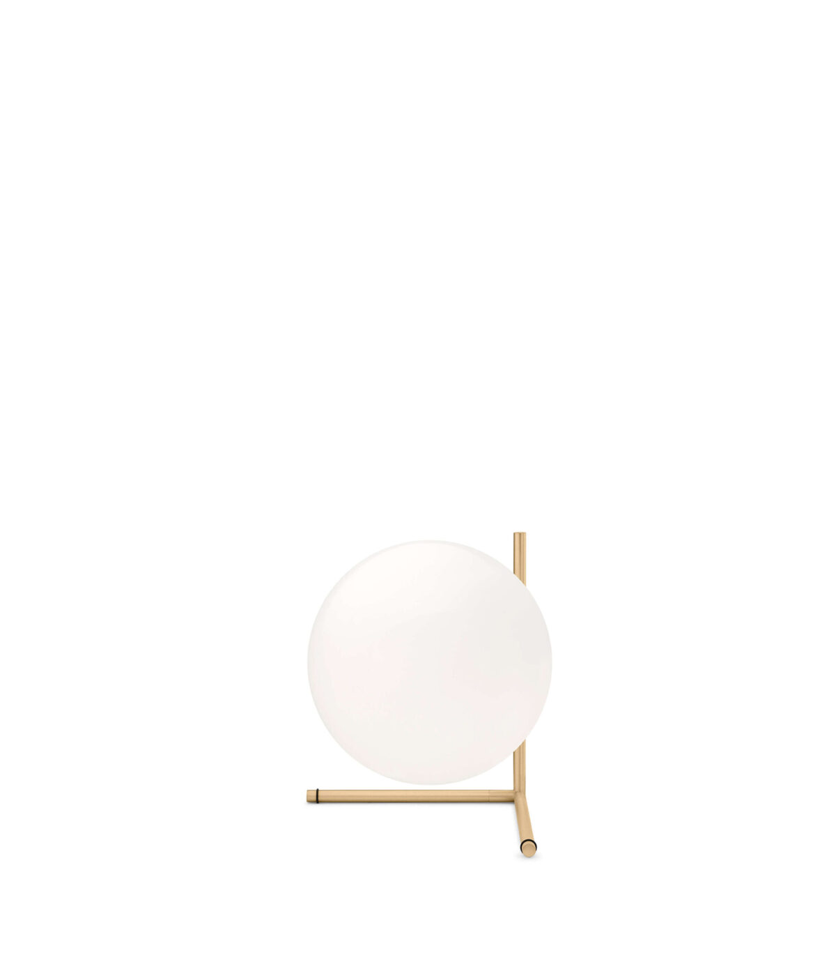 IC Lights T2 by Flos in brushed brass, featuring a globe-shaped diffuser and minimalist geometric base.