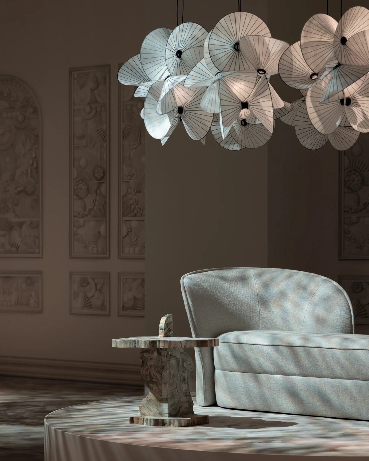 Serpentine light by Moooi in Birmingham Michigan showroom, modern contemporary Italian luxury lighting accessory by Italcasa.