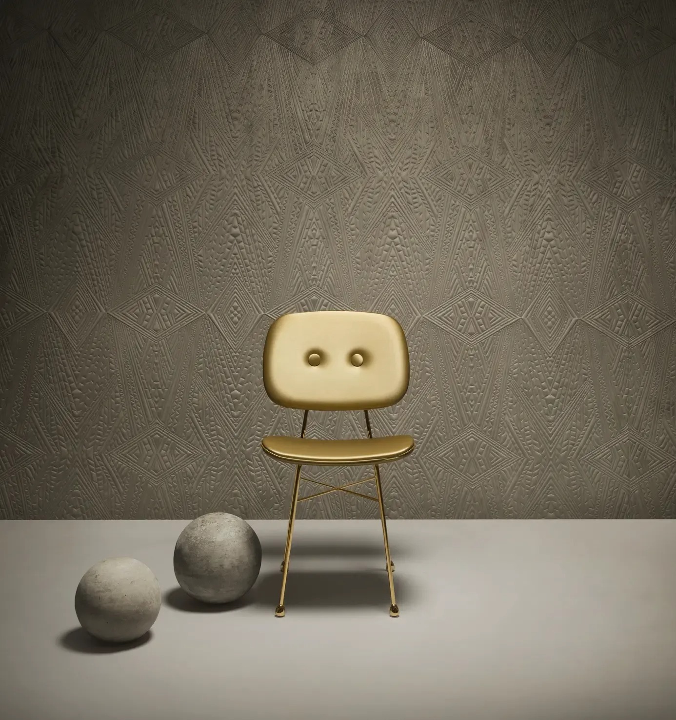 Golden Chair by Moooi in Birmingham Michigan showroom, modern contemporary Italian luxury seating accessory by Italcasa.