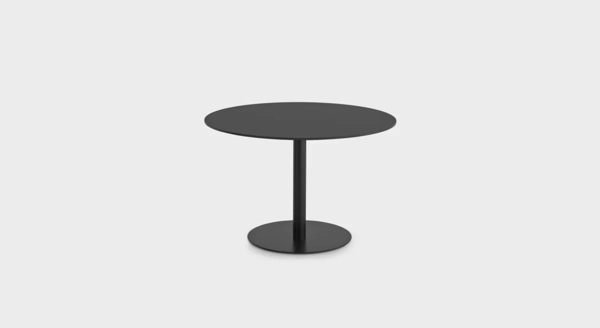 Lapalma RONDÒ 110 table with white HPL Fenix® top and matte chromed steel base, designed by Romano Marcato