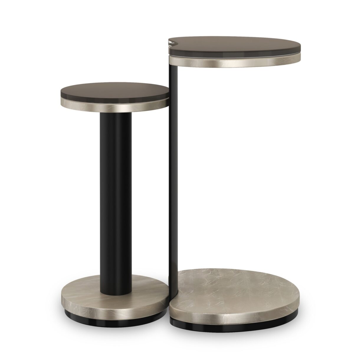 Caracole's Fritza Bunching End Tables showcasing sleek design with contrasting Smoked Bronze glass and Deep Bronze metal details.