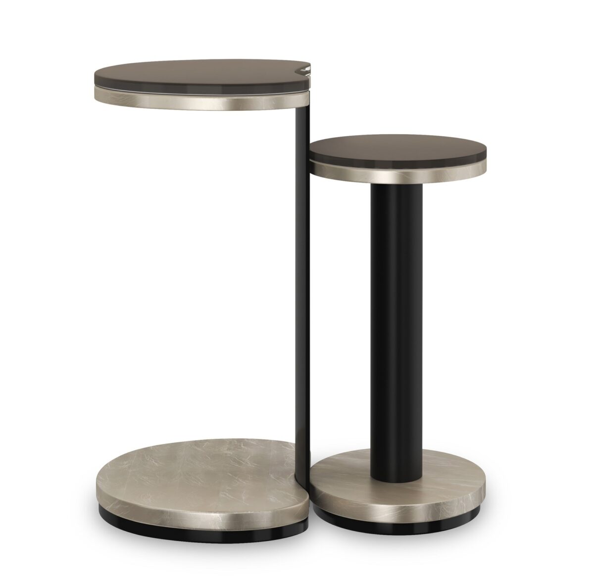Sophisticated nesting tables by Caracole, with Smoked Bronze glass tops and Charcoal Leaf wood accents for a luxurious modern touch.