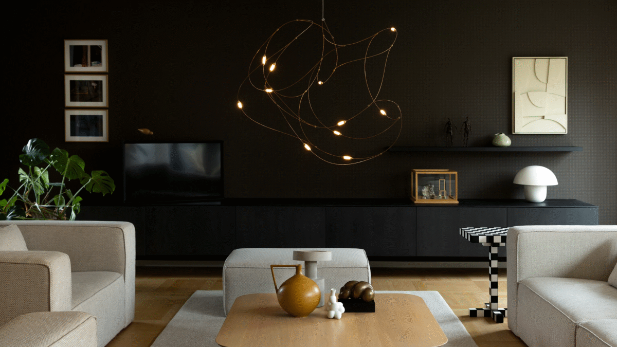 "Close-up view of Flock of Light's intricate design, showcasing its LED light sources suspended within a delicate framework."