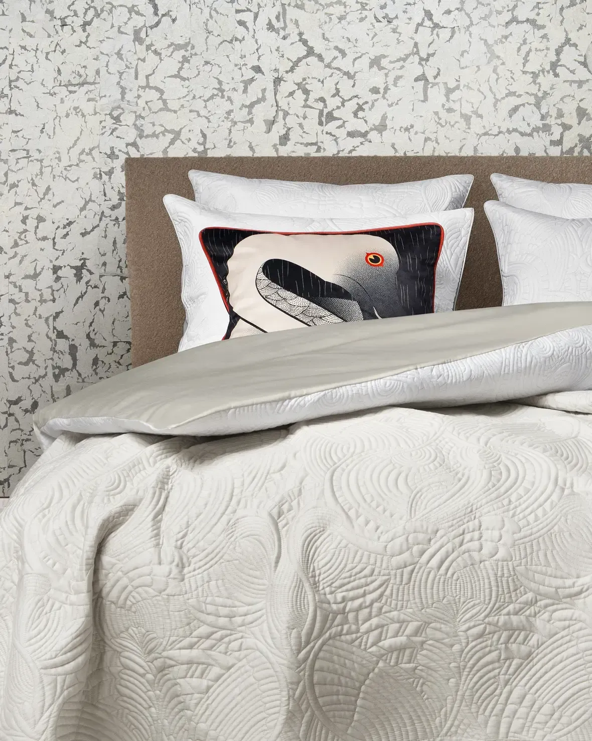 `Luxury embroidered Dodo Pavone Comforter by Moooi – modern Italian designer bedding – Royal Oak MI showroom`