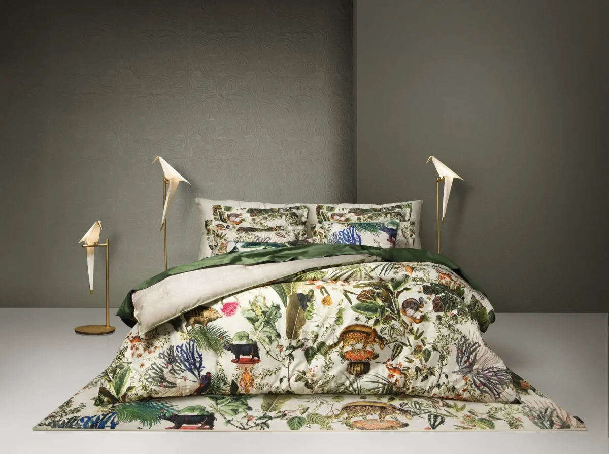 Contemporary Menagerie of Extinct Animals Comforter by Moooi, showcasing extinct animals in a lush setting, crafted from luxurious cotton sateen. Discover at Italcasa Design, Birmingham, Michigan.
