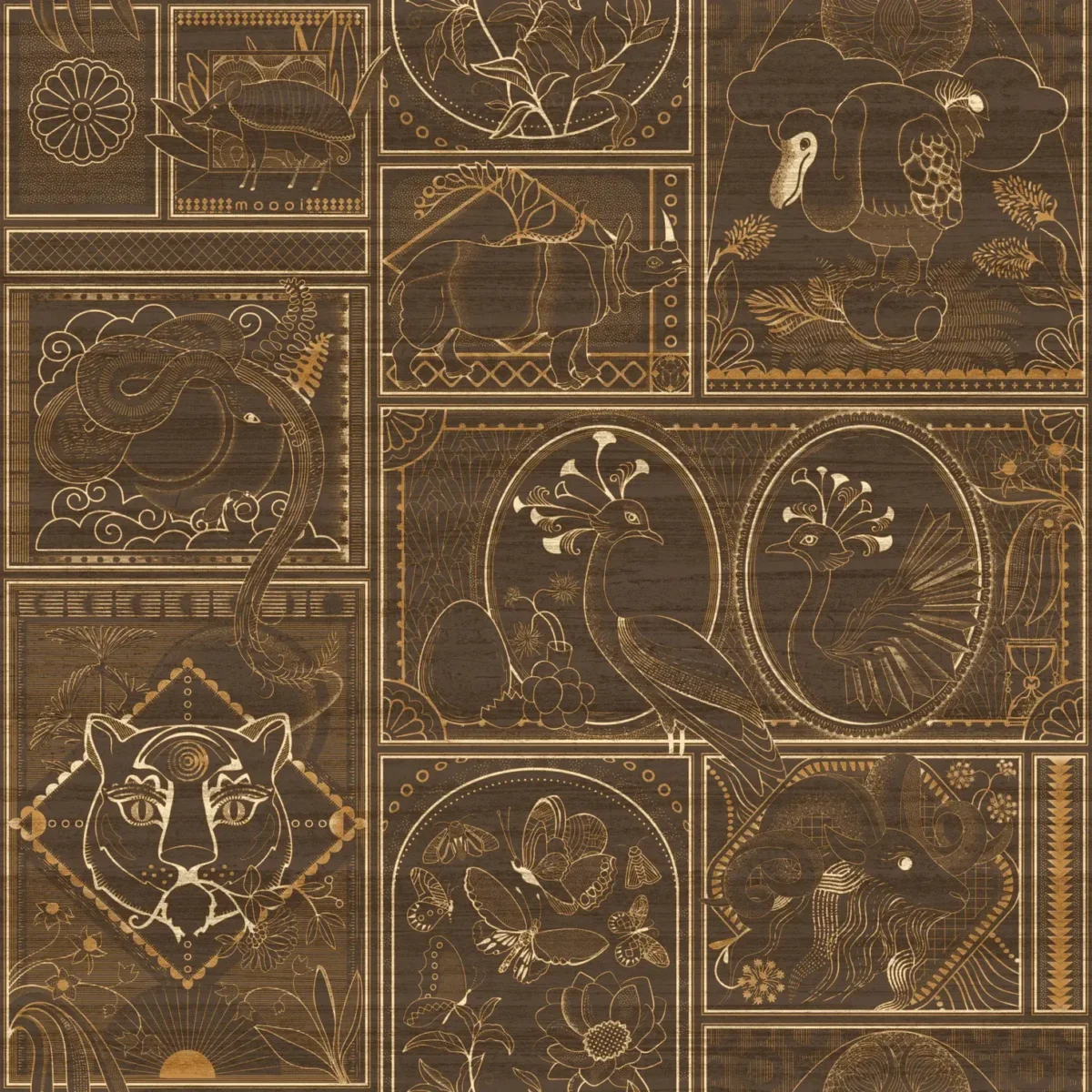Golden Tiger Wallcovering Moooi elegant wallcovering with gold foil and wood veneer design in Ebony