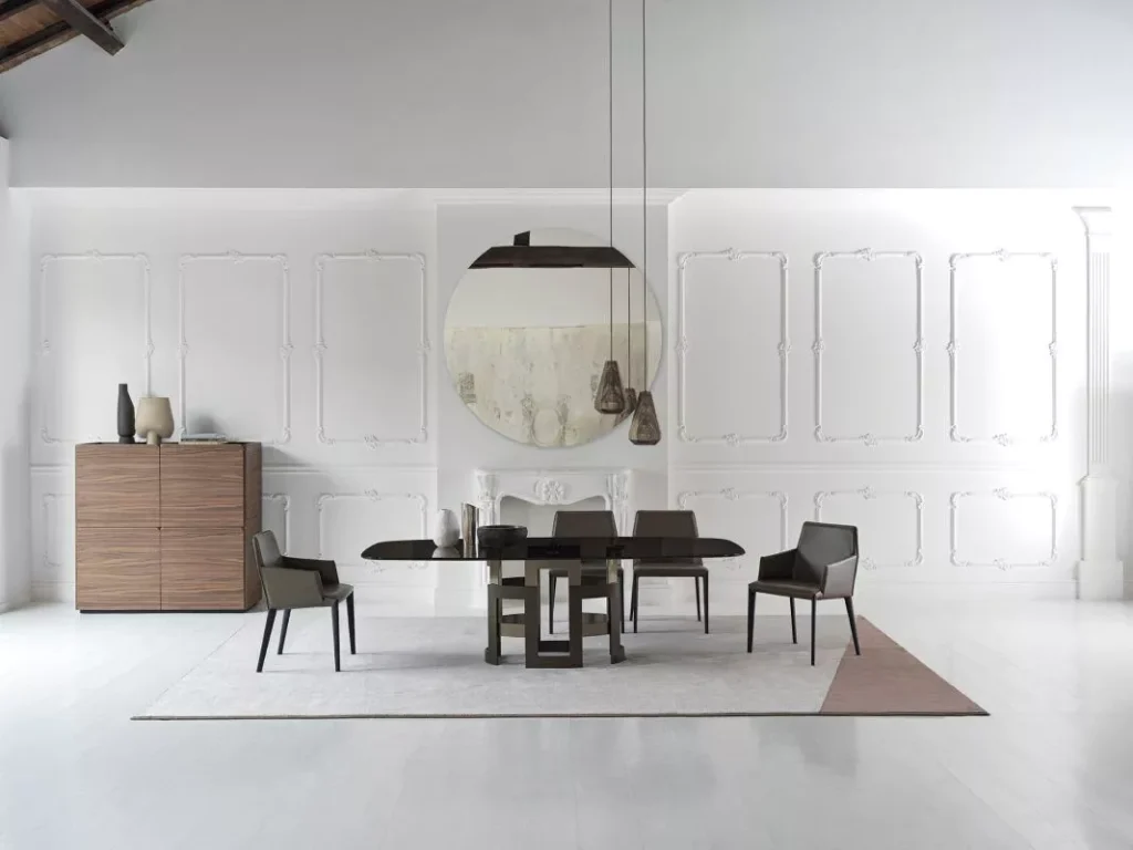 Contemporary dining room featuring Imperial by Bontempi with matte Calacatta Supreme SuperMarble top and rose‑gold base.