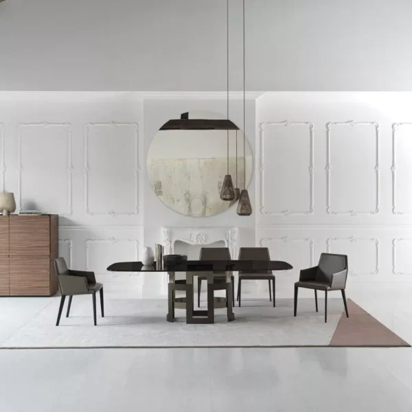 Contemporary dining room featuring Imperial by Bontempi with matte Calacatta Supreme SuperMarble top and rose‑gold base.