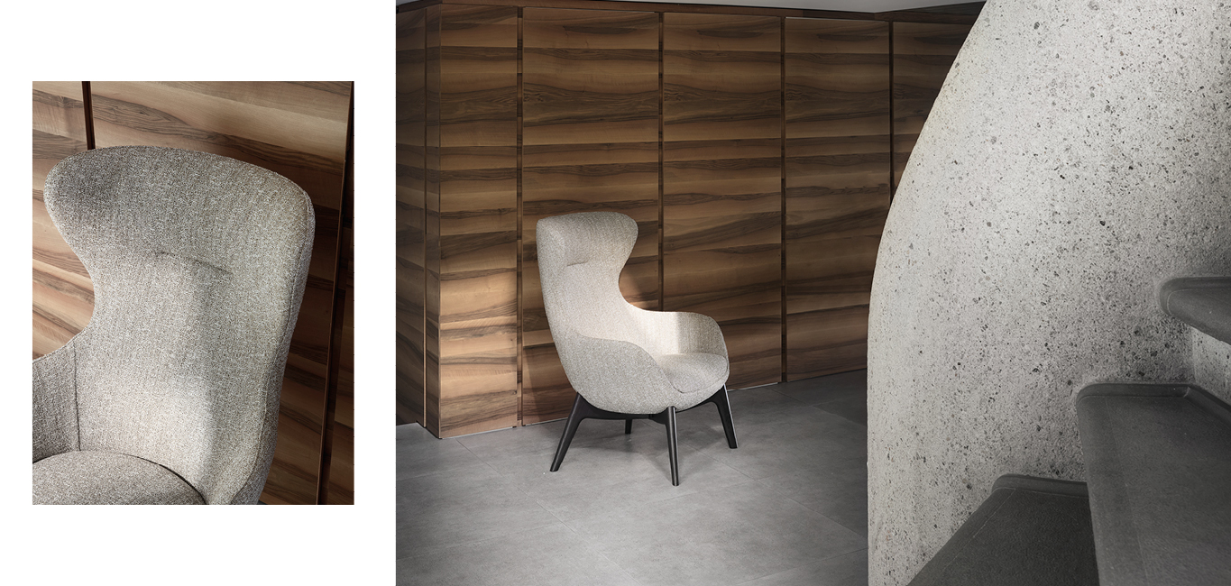 Iseo armchair by Nicoline Italia with high-back design and wenge wood base, perfect for modern interiors in Royal Oak, Michigan.