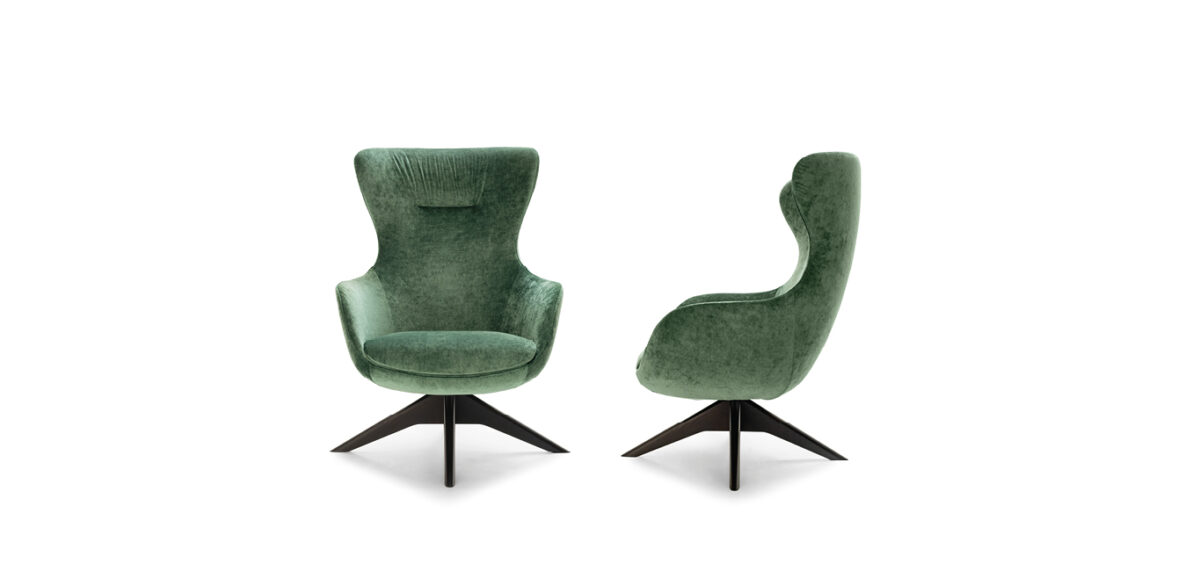 Iseo armchair by Nicoline Italia with high-back design and wenge wood base, perfect for modern interiors in Royal Oak, Michigan.