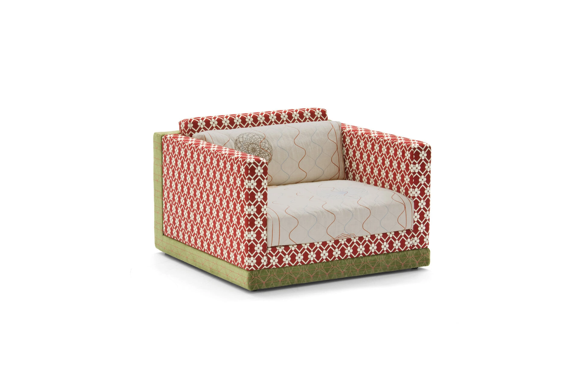 Karmakoma armchair by Moroso in plush Italian velvet upholstery, front view in a Royal Oak Michigan showroom