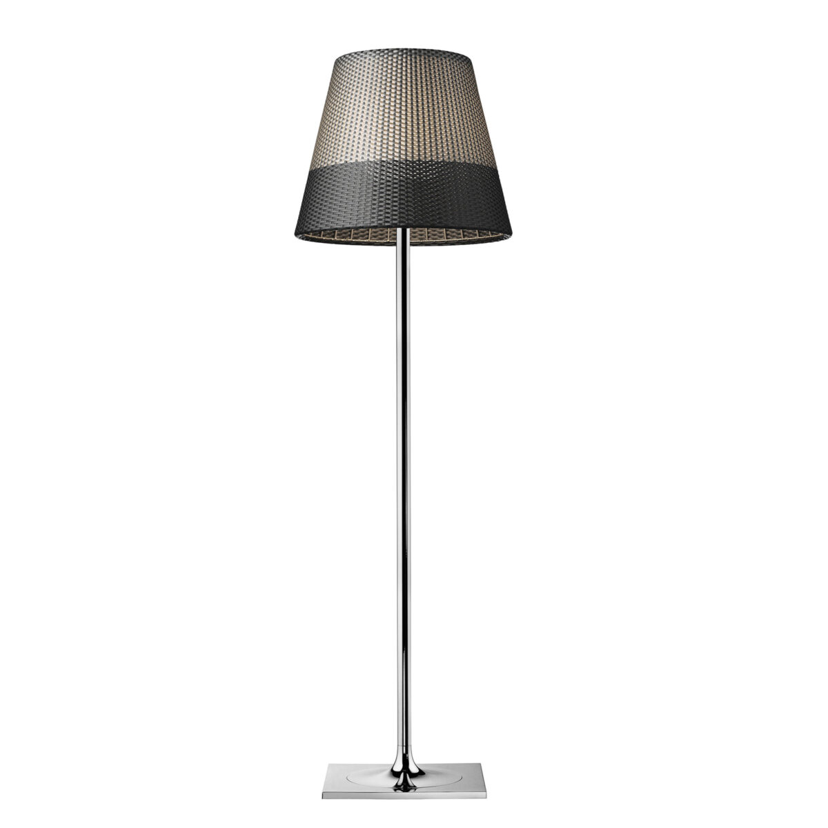 KTribe F3 Outdoor floor lamp by Flos featuring a flared Panama-style diffuser and elegant vertical stand.