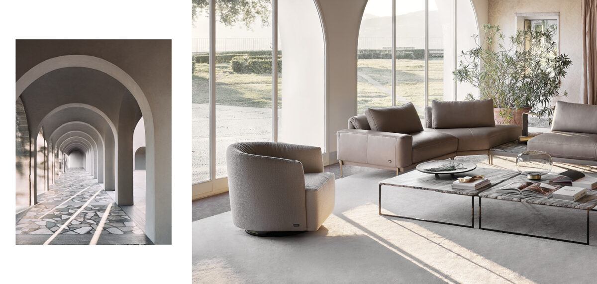 Lady Swivel armchair by Nicoline Italia with enveloping backrest and wooden swivel base, perfect for modern interiors in Royal Oak, Michigan.
