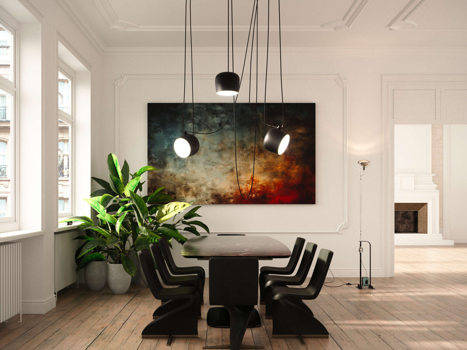 Aim pendants in forest green, suspended at varying heights, their cords loosely looped to create organic formations.