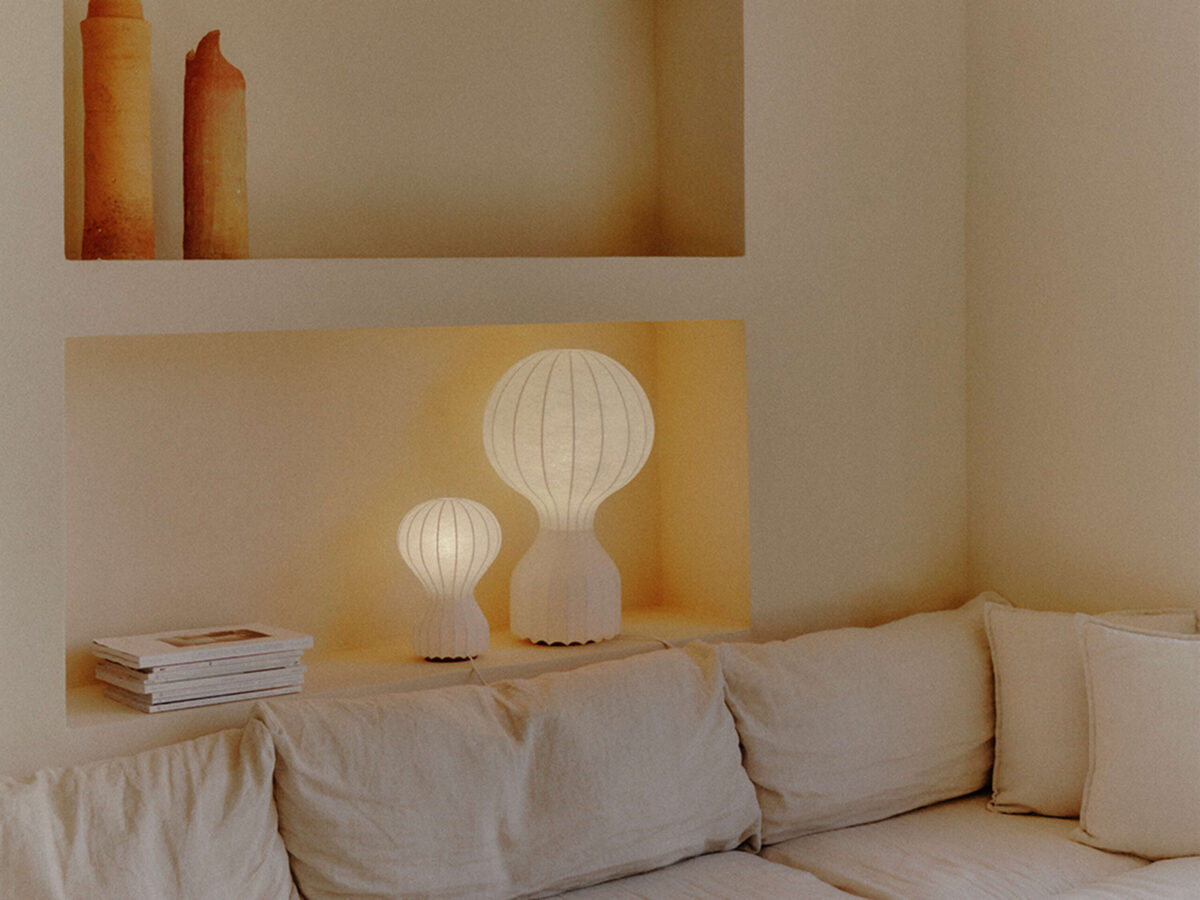 Gatto Piccolo Table Lamp by Flos close-up of its unique webbed resin resin diffuser and subtle switch in a Michigan Design Center interior