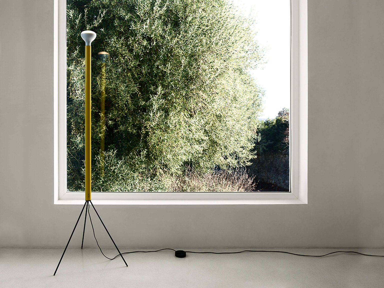 Modern indoor uplight lamp in anthracite, its tripod base grounding a tall tube that conceals the light source