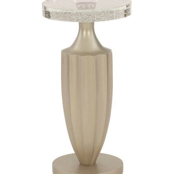 Caracole Just A Little Jazz Side Table with a fluted resin pedestal in Jazzy Taupe, topped with a cast bubble-glass surface for a modern touch.