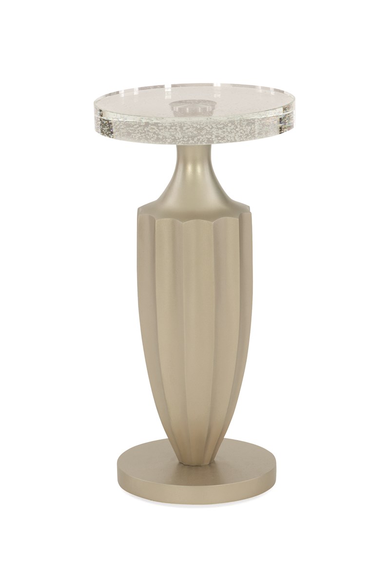 Caracole Just A Little Jazz Side Table with a fluted resin pedestal in Jazzy Taupe, topped with a cast bubble-glass surface for a modern touch.